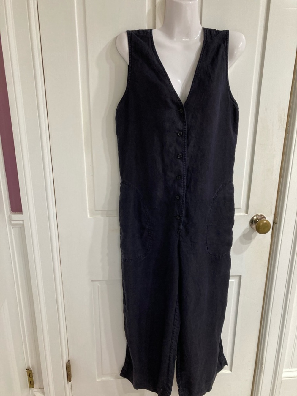 J CrewSleeveless Button-Front Jumpsuit in Deep Black linen wide leg